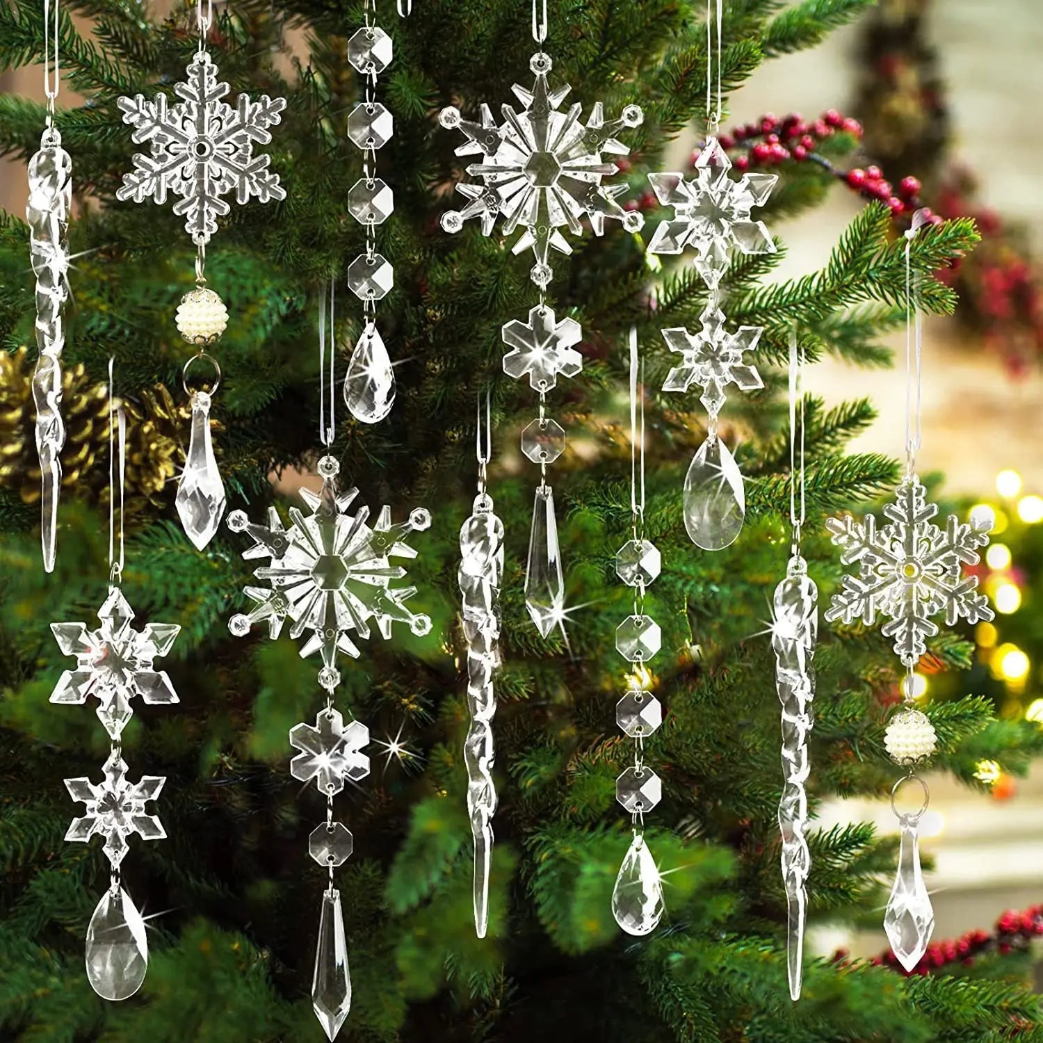 10pcs Christmas Tree Hanging Pendants Acrylic Ice Strip Snow Ceiling Xmas Ornaments New Year Christmas Decoration Home Decor samsegir