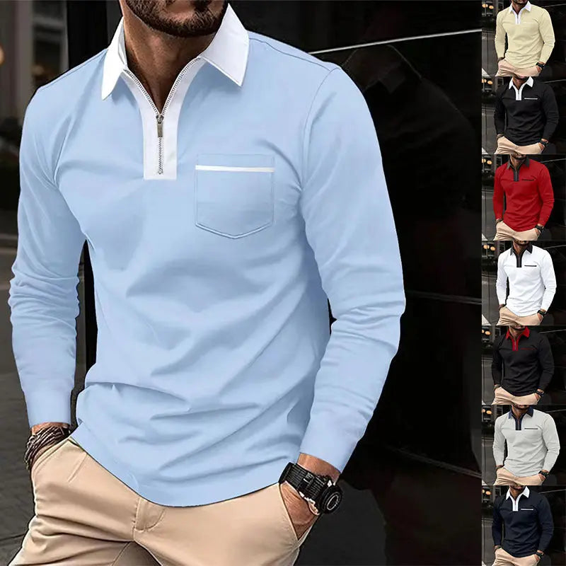 2024 Autumn Mens Long Sleeve Zipper Polo Shirts Casual Lapel Collar Zip Up Henley Shirts Cotton Sports Golf Tennis T-Shirts With Pockets samsegir