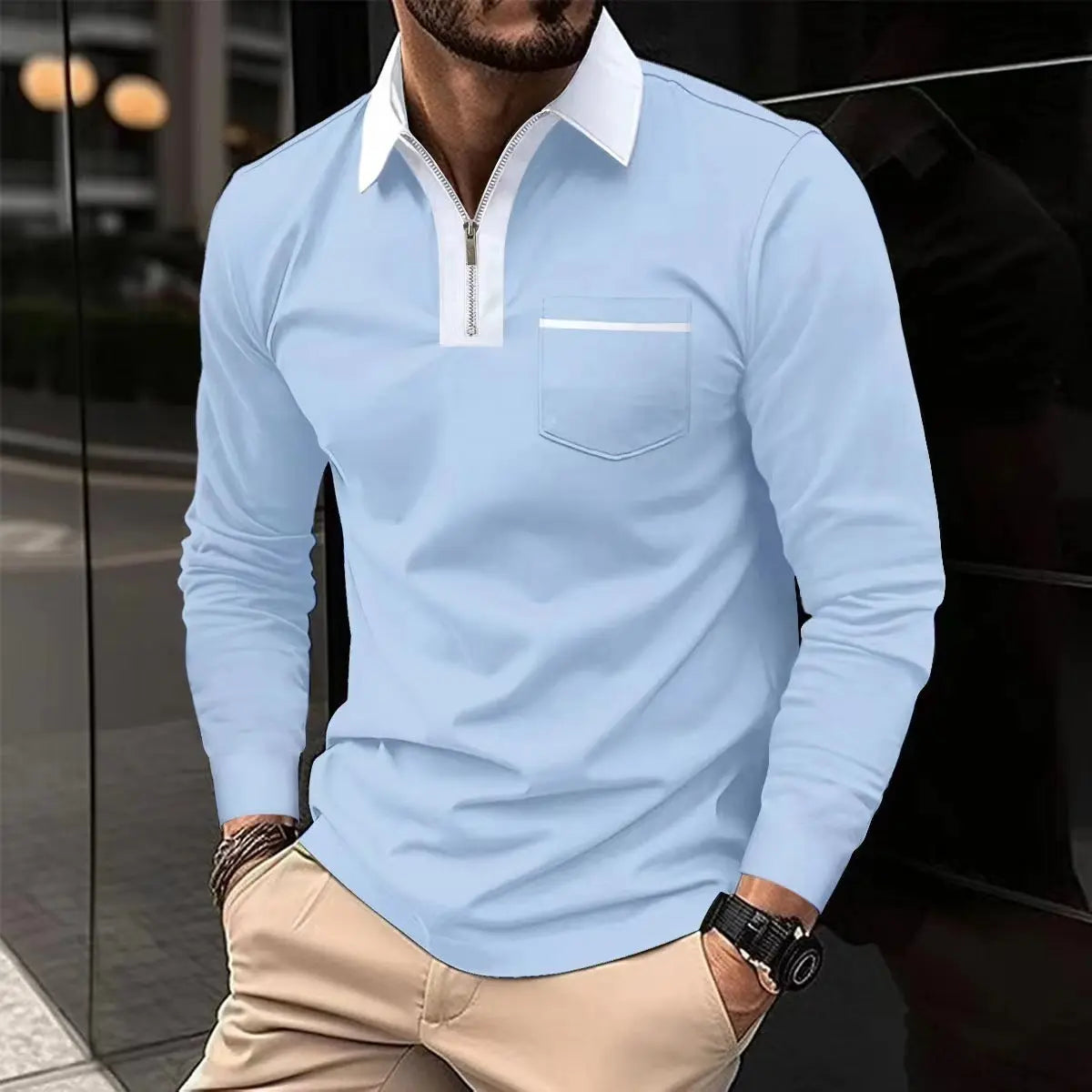 2024 Autumn Mens Long Sleeve Zipper Polo Shirts Casual Lapel Collar Zip Up Henley Shirts Cotton Sports Golf Tennis T-Shirts With Pockets samsegir