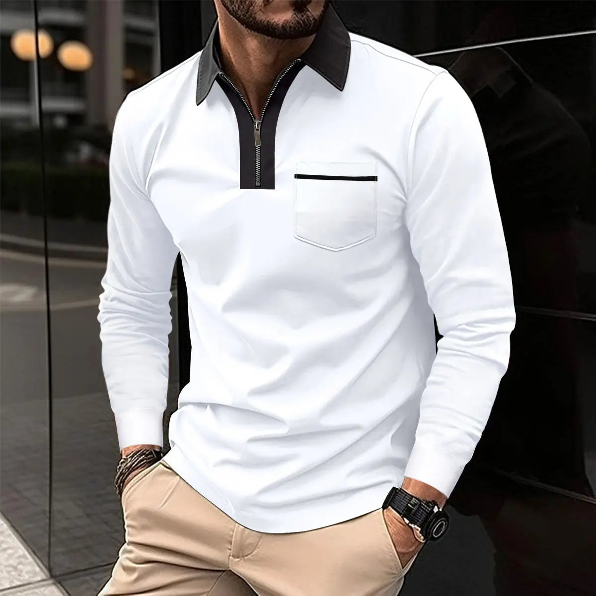 2024 Autumn Mens Long Sleeve Zipper Polo Shirts Casual Lapel Collar Zip Up Henley Shirts Cotton Sports Golf Tennis T-Shirts With Pockets samsegir