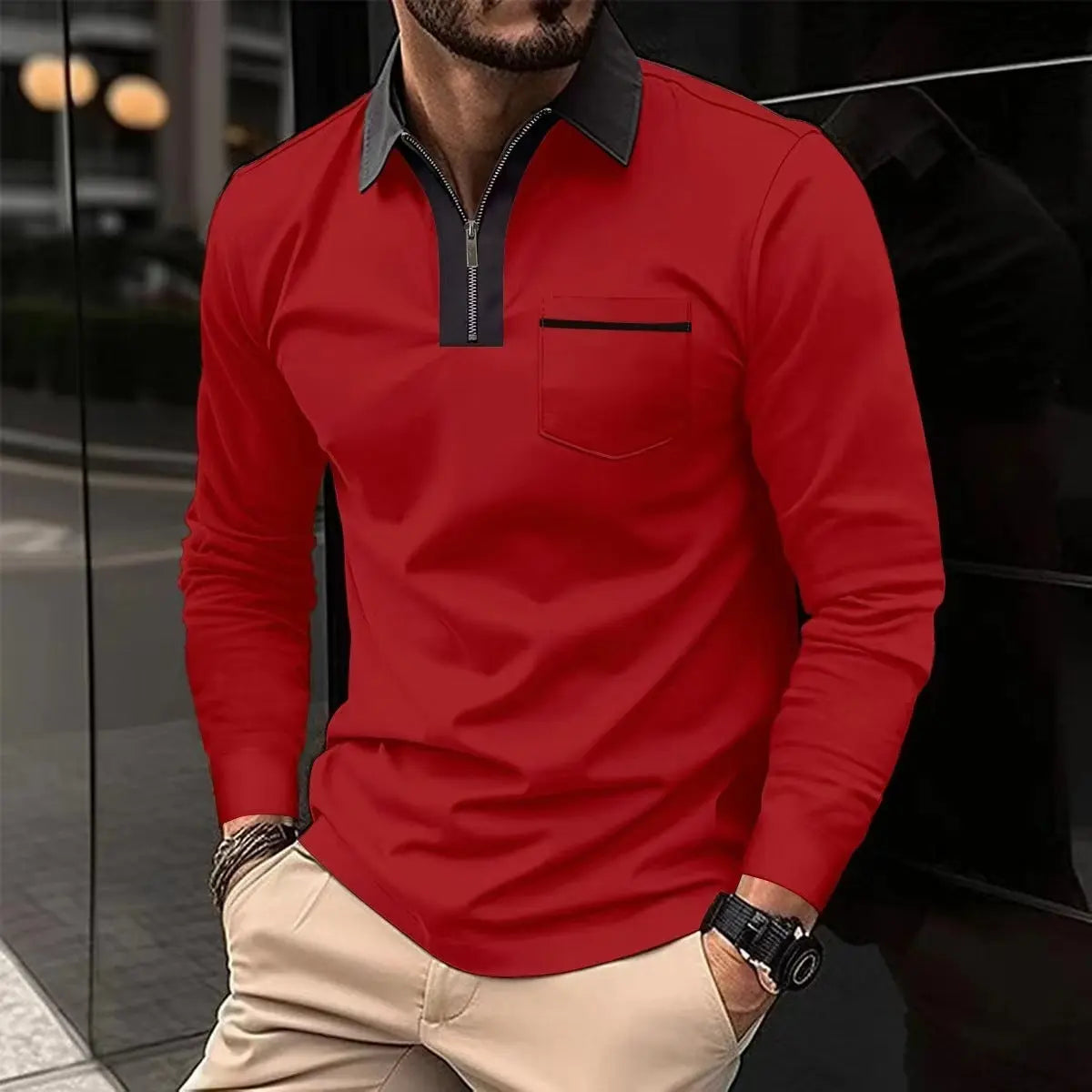 2024 Autumn Mens Long Sleeve Zipper Polo Shirts Casual Lapel Collar Zip Up Henley Shirts Cotton Sports Golf Tennis T-Shirts With Pockets samsegir