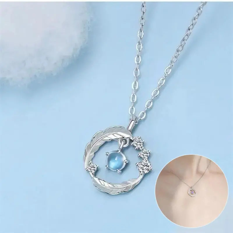 925 Silver Plated  Feather Shape Pendant Necklace Moonstone Round Bead Jewelry Choker Gift samsegir