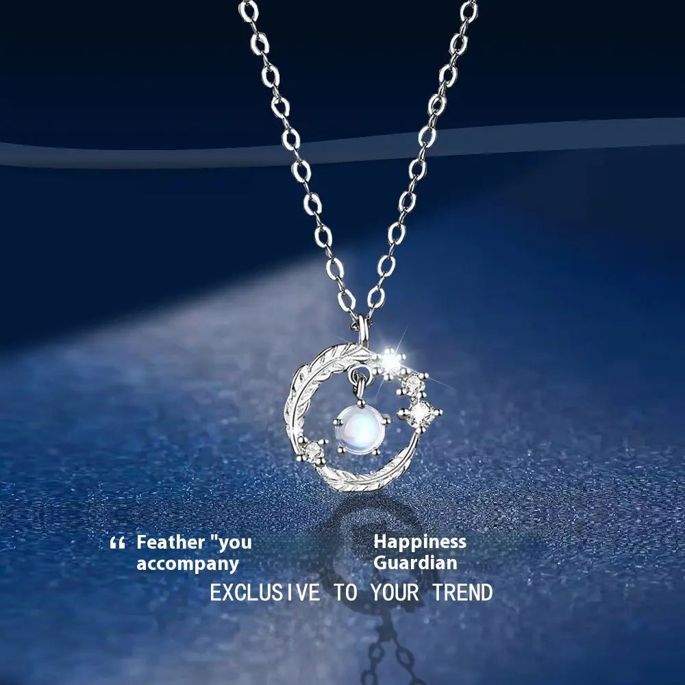 925 Silver Plated  Feather Shape Pendant Necklace Moonstone Round Bead Jewelry Choker Gift samsegir