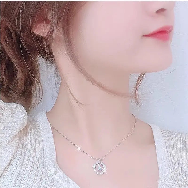 925 Silver Plated  Feather Shape Pendant Necklace Moonstone Round Bead Jewelry Choker Gift samsegir