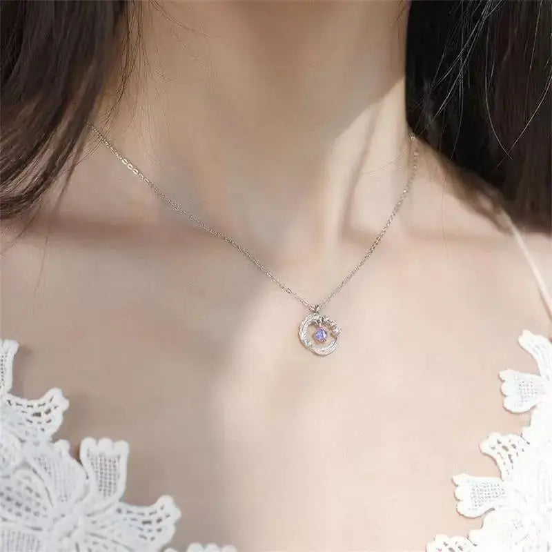 925 Silver Plated  Feather Shape Pendant Necklace Moonstone Round Bead Jewelry Choker Gift samsegir