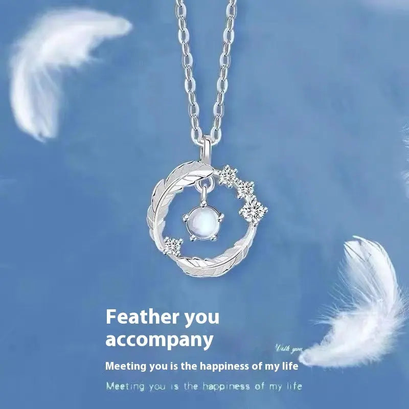 925 Silver Plated  Feather Shape Pendant Necklace Moonstone Round Bead Jewelry Choker Gift samsegir