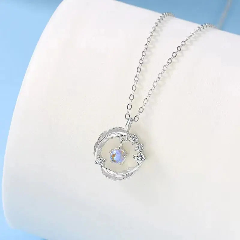 925 Silver Plated  Feather Shape Pendant Necklace Moonstone Round Bead Jewelry Choker Gift samsegir