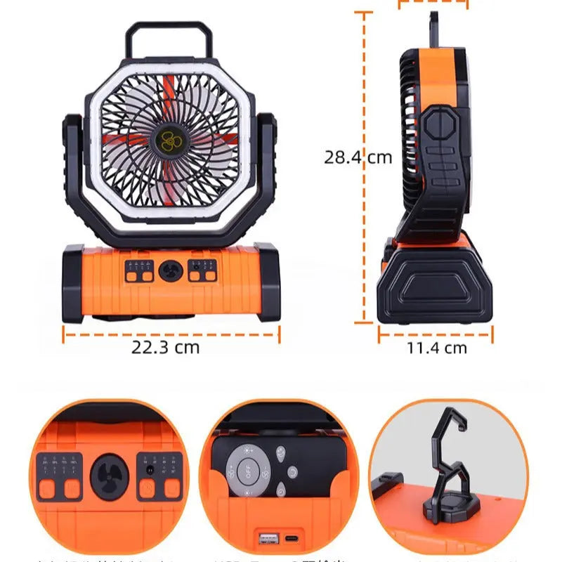 Camping Fan Outdoor Fan Light Household Fan Mobile Phone Charging Treasure LED Light Double Hook Camping Fan onsam