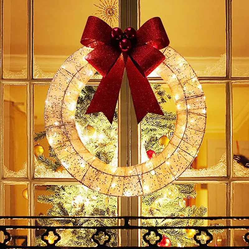 Christmas Garland 50CM Luminous LED Warm Light Metal Luminous Wreath With Big Bowknot Christmas Front Door Home Holiday Party Door Hanging Decor samsegir