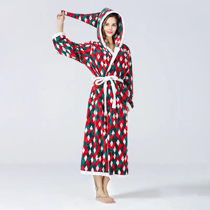 Christmas Sleepwear Women Fleece Hooded Bathrobe Plush Long Robe Winter samsegir