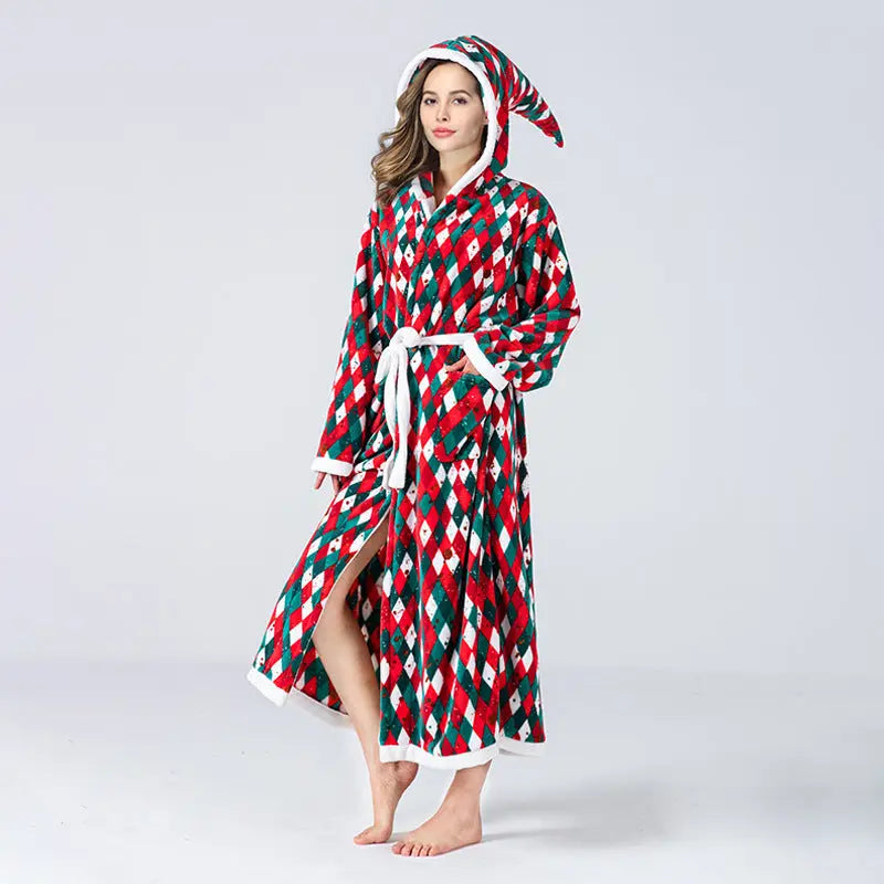 Christmas Sleepwear Women Fleece Hooded Bathrobe Plush Long Robe Winter samsegir