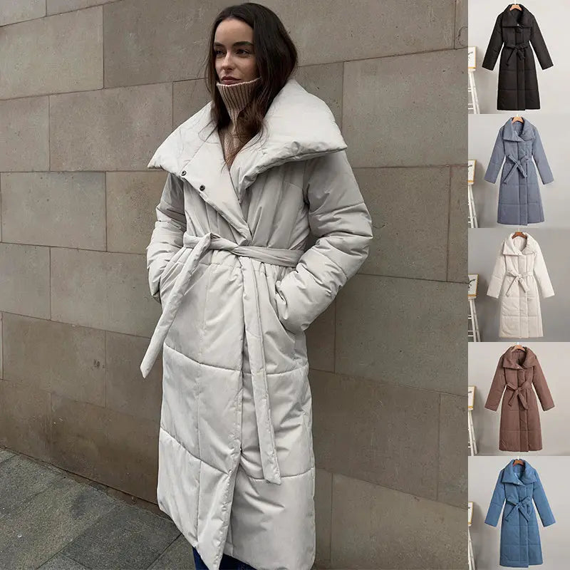 Fashion Large Lapel Long Coat Winter Warm Cotton Jacket With Pockets And Lace-up Design Casual Solid Color Thick Coat For Women Outwear Clothing samsegir