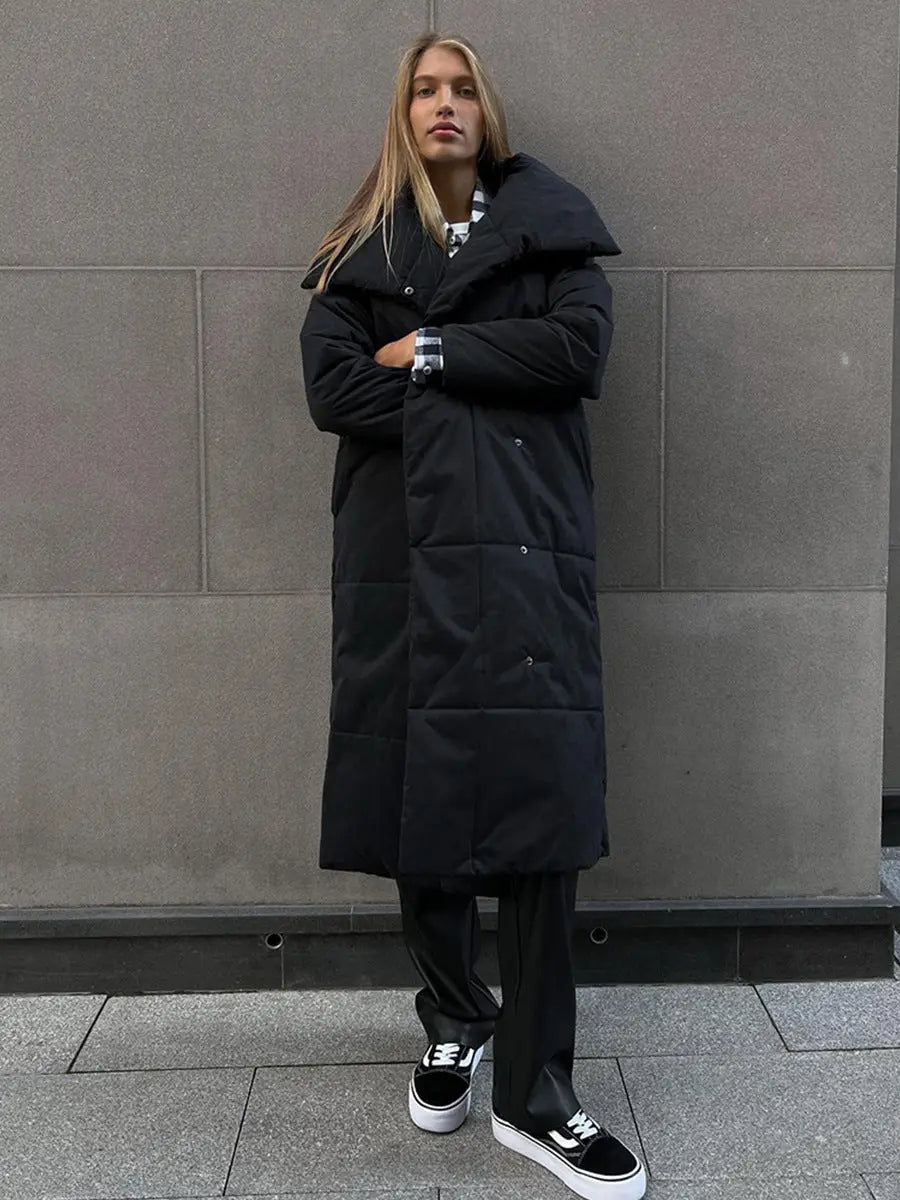 Fashion Large Lapel Long Coat Winter Warm Cotton Jacket With Pockets And Lace-up Design Casual Solid Color Thick Coat For Women Outwear Clothing samsegir