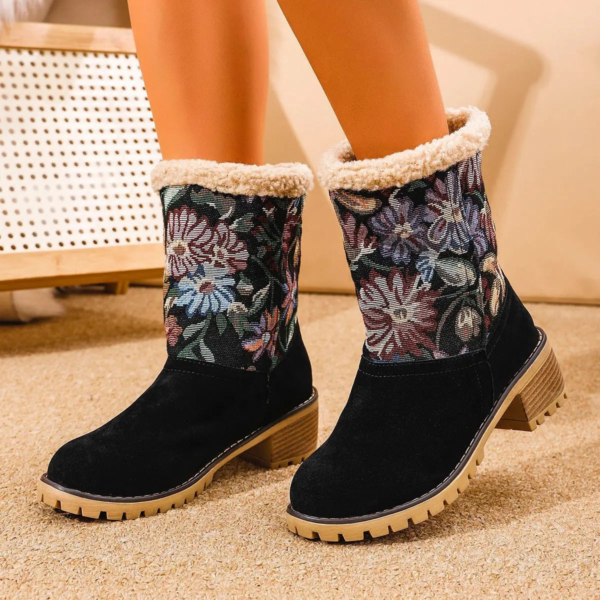 Flowers Embroidered Snow Boots Ethnic Style Platform Thick Square Heel Mid-tube Boot Winter Warm Cotton Shoes For Women samsegir