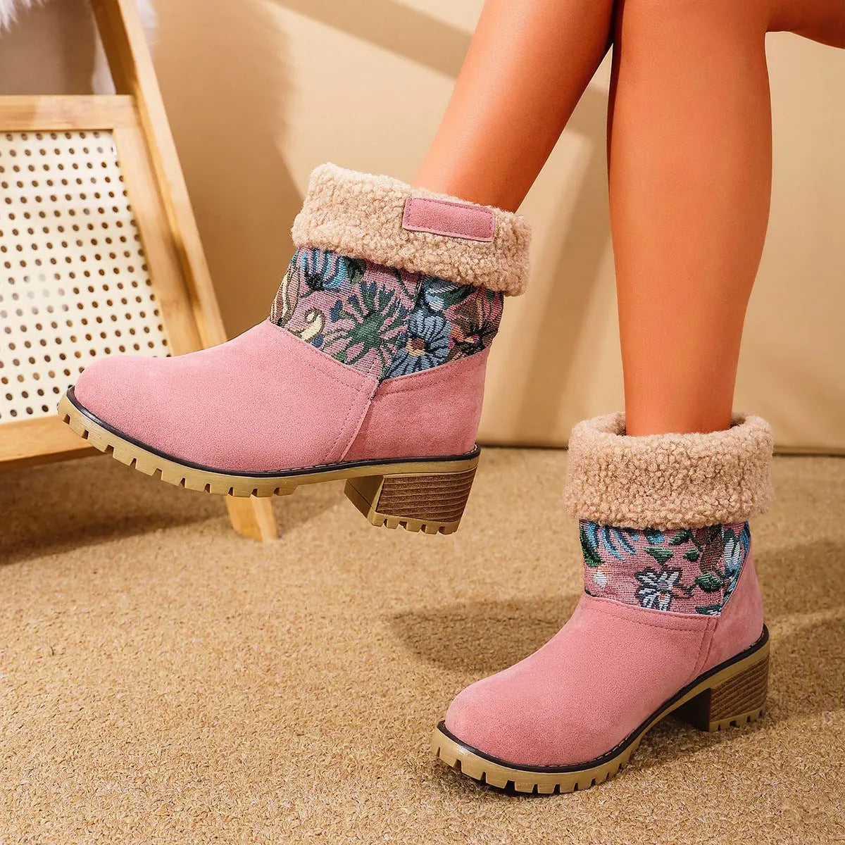 Flowers Embroidered Snow Boots Ethnic Style Platform Thick Square Heel Mid-tube Boot Winter Warm Cotton Shoes For Women samsegir