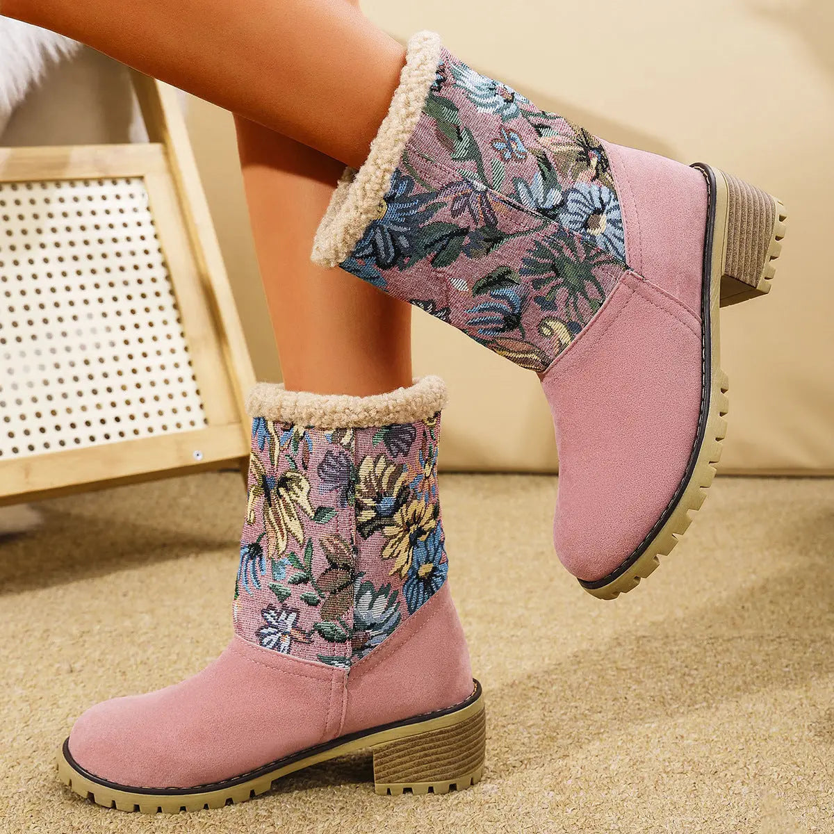 Flowers Embroidered Snow Boots Ethnic Style Platform Thick Square Heel Mid-tube Boot Winter Warm Cotton Shoes For Women samsegir