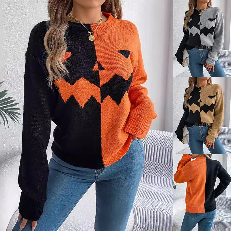 Halloween Contrast-color Pullover Sweater Fashion Long Sleeve Knitted Tops For Womens Clothing samsegir