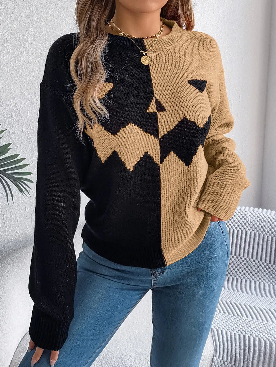 Halloween Contrast-color Pullover Sweater Fashion Long Sleeve Knitted Tops For Womens Clothing samsegir