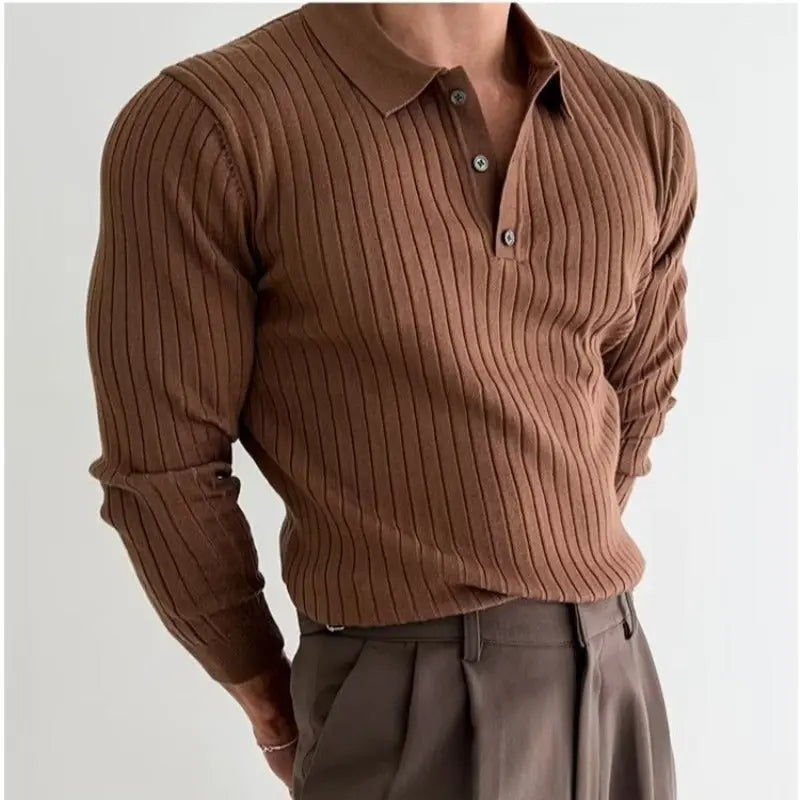 Lapel Button Long Sleeve Polo Shirt Slim Fashion Solid Striped Knitted Bottoming Shirt Top Men's Clothing samsegir