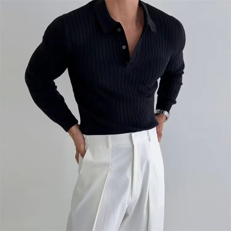 Lapel Button Long Sleeve Polo Shirt Slim Fashion Solid Striped Knitted Bottoming Shirt Top Men's Clothing samsegir