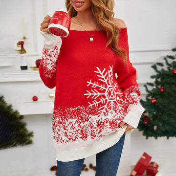 Little Snowflake Christmas Sweater Casual Off-the-shoulder Sweater Women samsegir