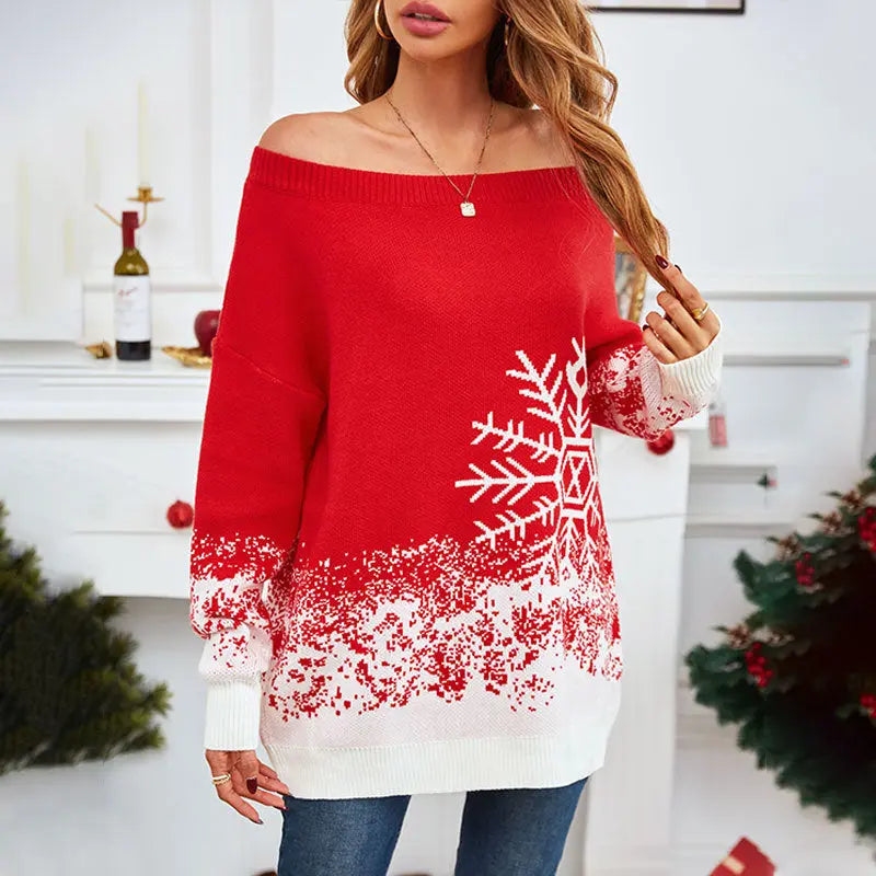 Little Snowflake Christmas Sweater Casual Off-the-shoulder Sweater Women samsegir