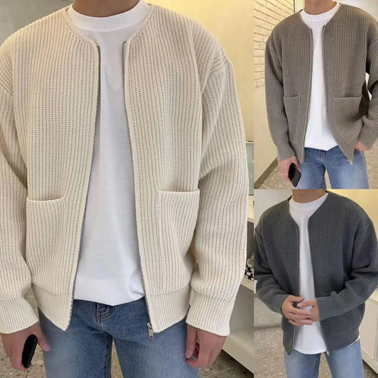 Men Zip Up Knitted Cardigan Lined Funnel Neck Jumper Sweater Pockets Coat All Seasons Comfortable Soft Long Sleeve samsegir