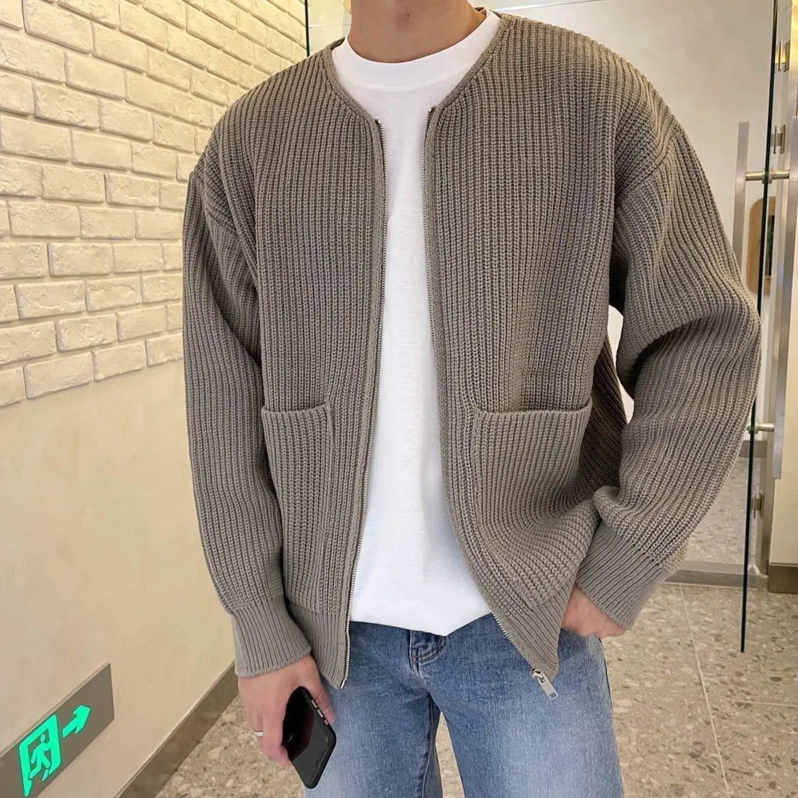 Men Zip Up Knitted Cardigan Lined Funnel Neck Jumper Sweater Pockets Coat All Seasons Comfortable Soft Long Sleeve samsegir