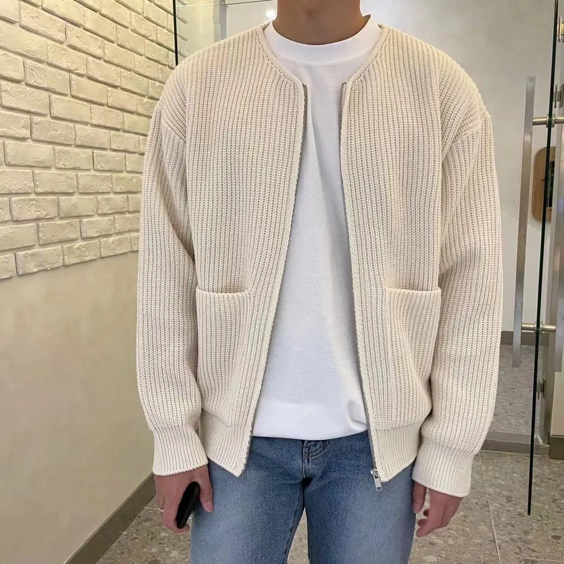 Men Zip Up Knitted Cardigan Lined Funnel Neck Jumper Sweater Pockets Coat All Seasons Comfortable Soft Long Sleeve samsegir