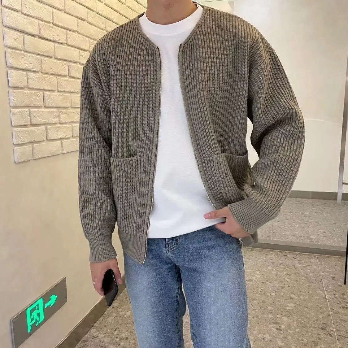 Men Zip Up Knitted Cardigan Lined Funnel Neck Jumper Sweater Pockets Coat All Seasons Comfortable Soft Long Sleeve samsegir