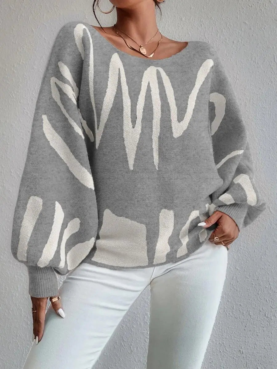 New Lantern-sleeved Pullover Sweater Fashion Line Printed Loose Tops Women's Clothing samsegir