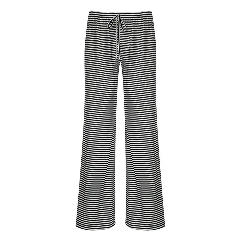 Women's Striped Print Trousers Y2K Fashion Casual Lace Up Home Straight  Wide-leg Pants samsegir