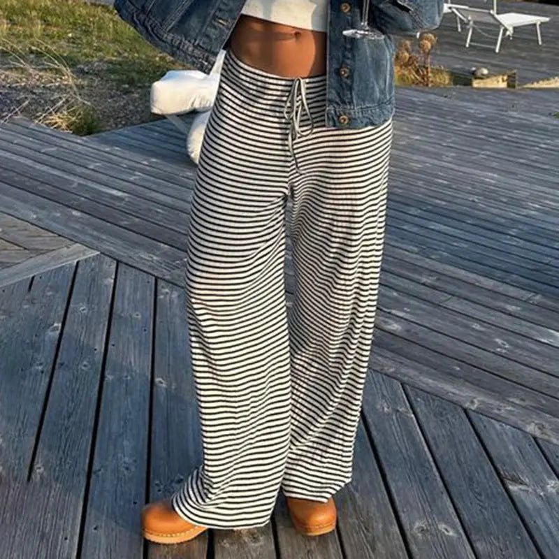 Women's Striped Print Trousers Y2K Fashion Casual Lace Up Home Straight  Wide-leg Pants samsegir